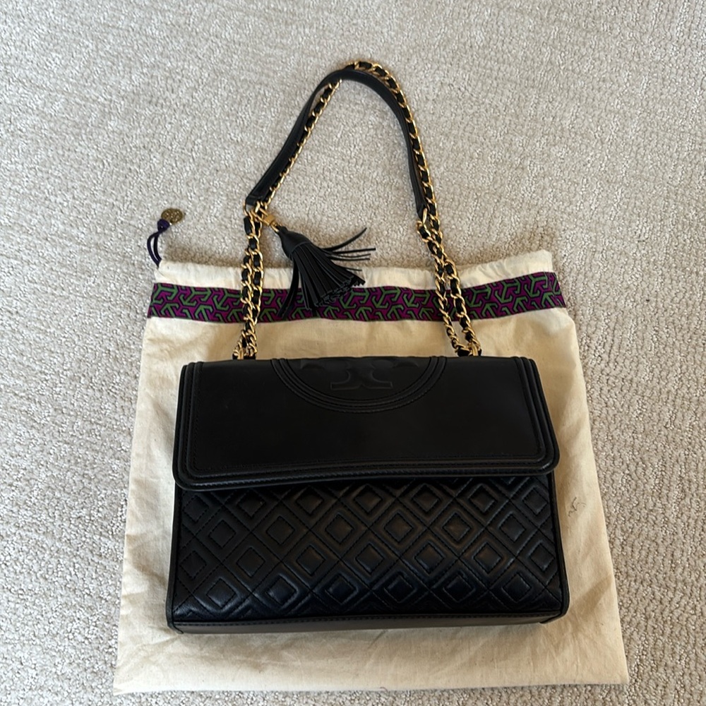 Tory Burch Fleming Quilted Black Leather Medium Convertible Shoulder Bag